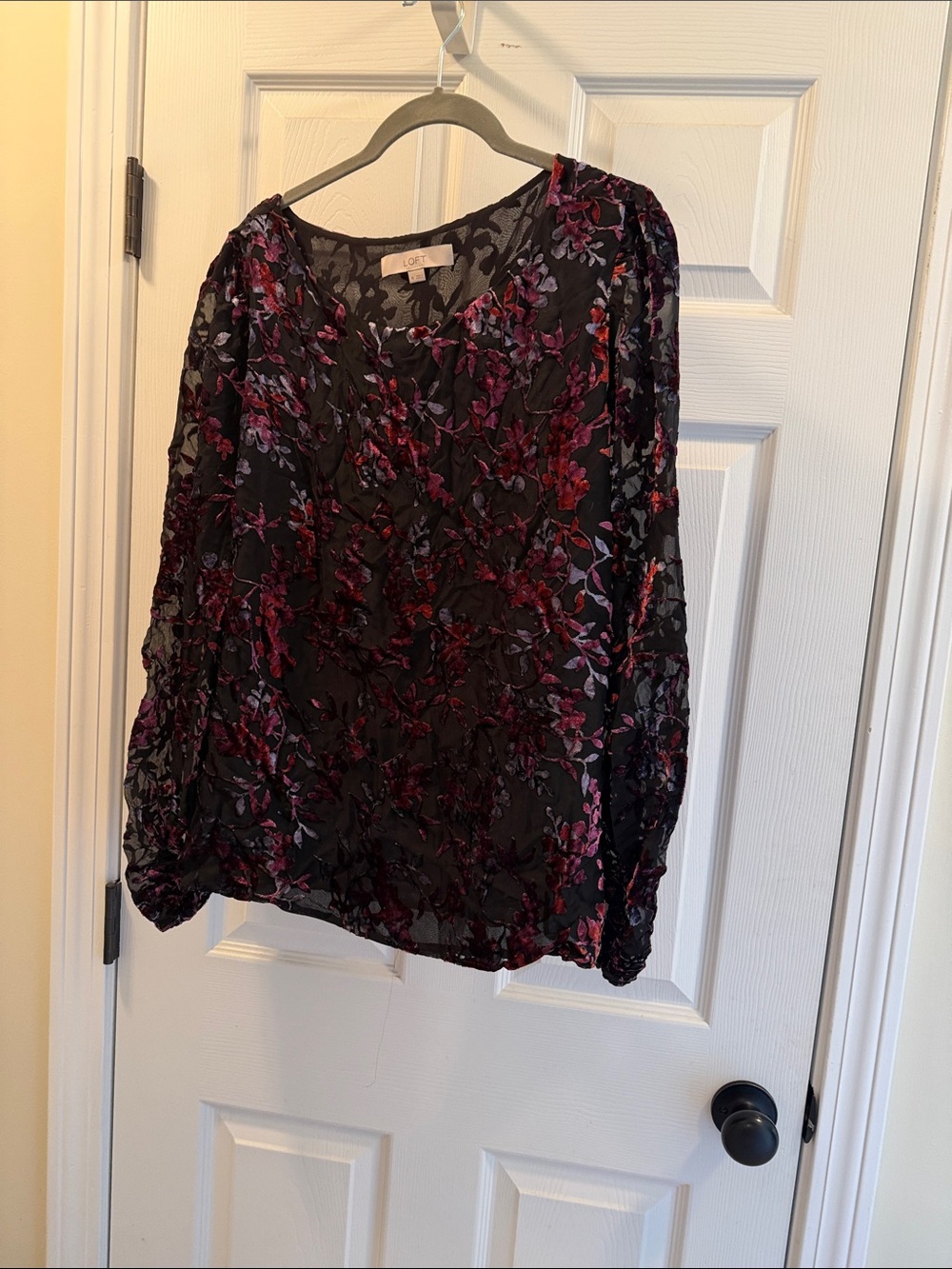 LOFT Black Sheer Blouse with Pink & Purple Floral Embroidery